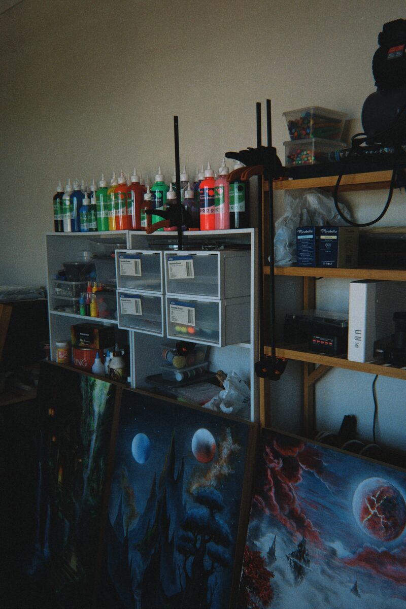 Artwork leaning in the studio — Artwork by Hiki Reedy