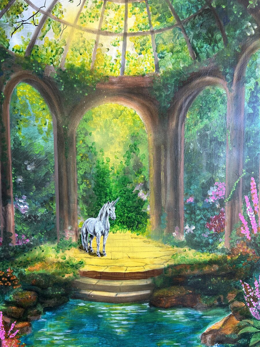 Unicorn in the glasshouse garden — Artwork by Hiki Reedy